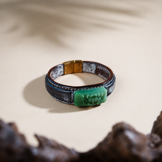 Russet and green lotus jade leather bracelet with symbolic jade detail