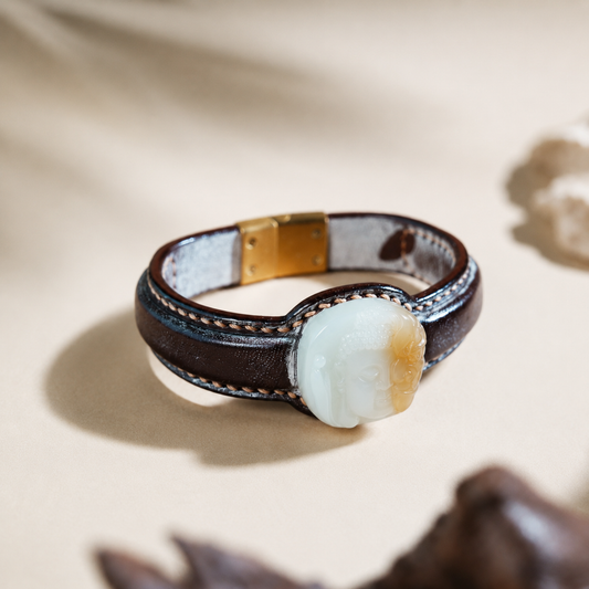 Russet and white Zen jade leather bracelet with carved jade centerpiece