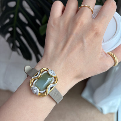 TWO-TONE GENUINE LEATHER JADE BRACELET