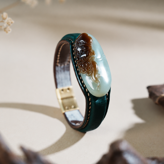Bodhidharma sugar white jade leather bracelet with carved jade centerpiece