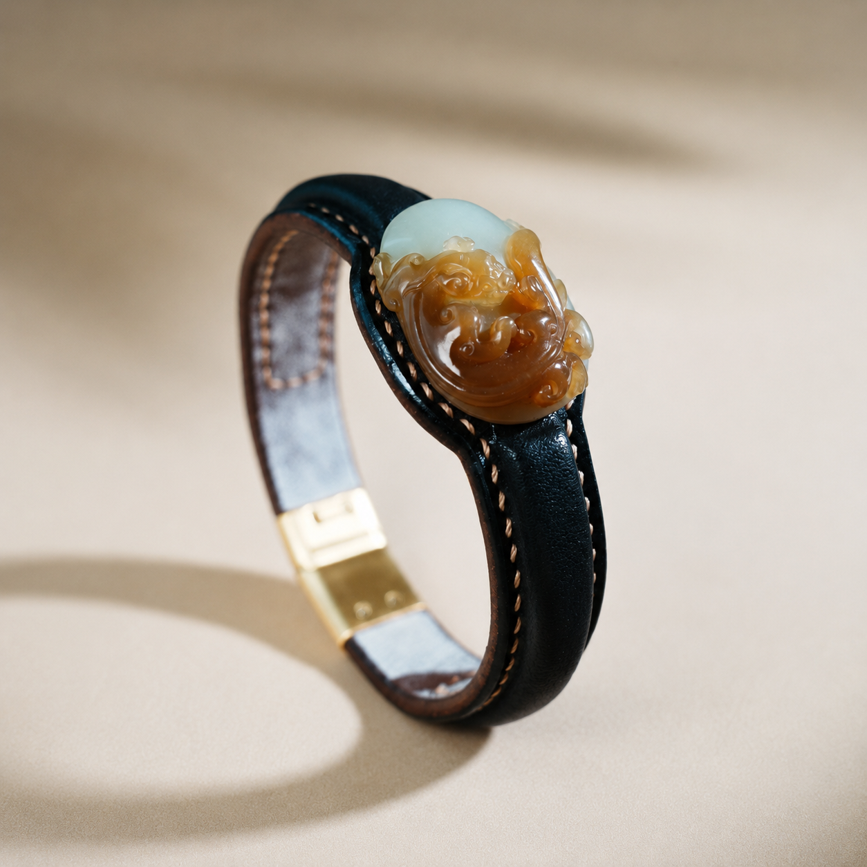 Dragon sugar white jade leather bracelet with carved jade centerpiece