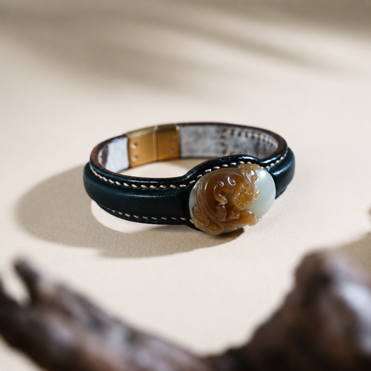 Black and white dragon jade leather bracelet with carved jade centerpiece