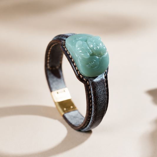 Celadon green jade leather bracelet with carved jade centerpiece