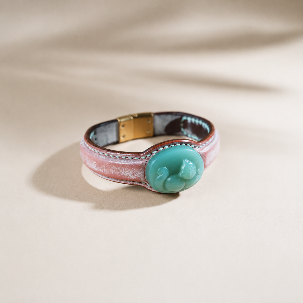 Blush and celadon Lucky Cat jade leather bracelet on top-grain leather