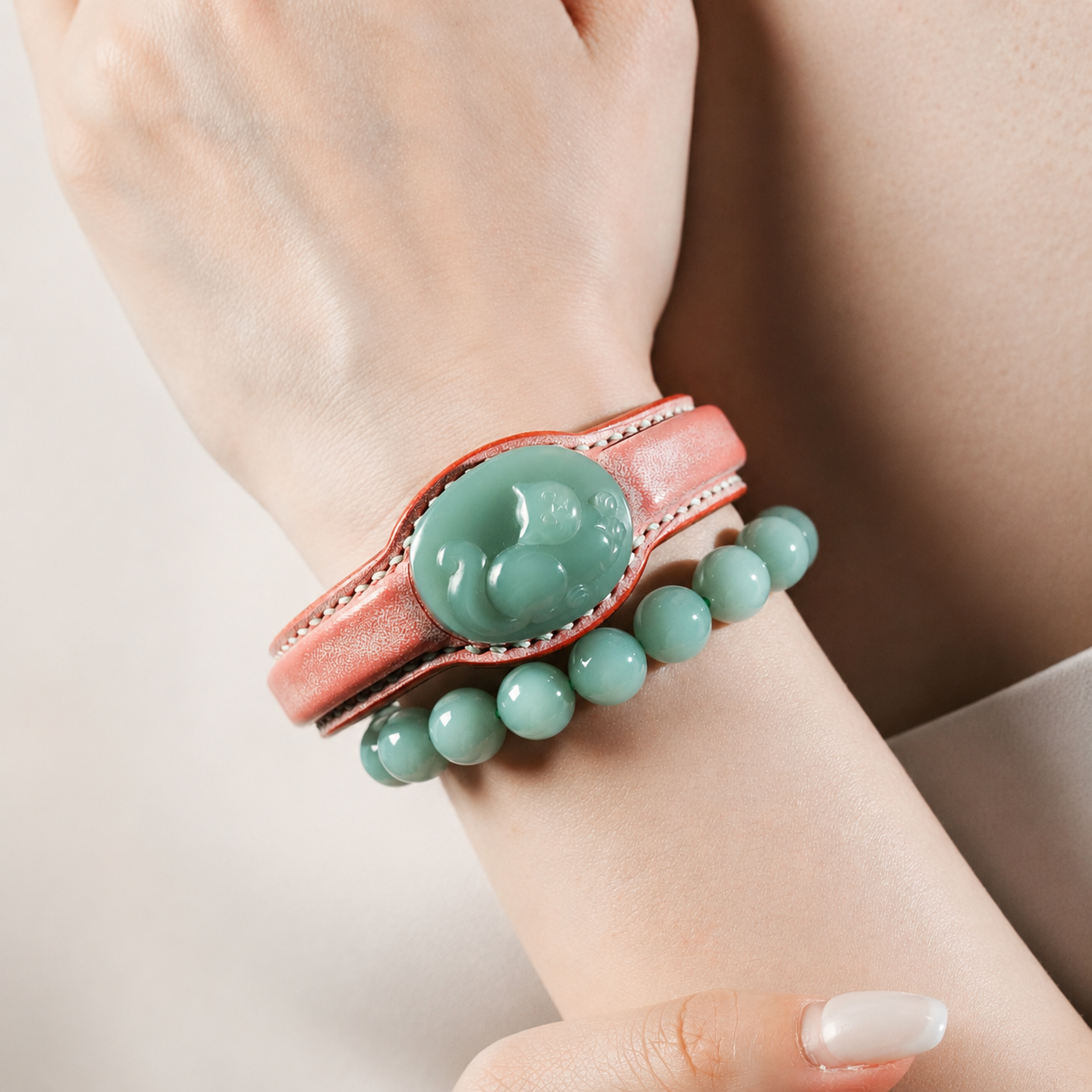 Blush and celadon Lucky Cat jade leather bracelet on top-grain leather