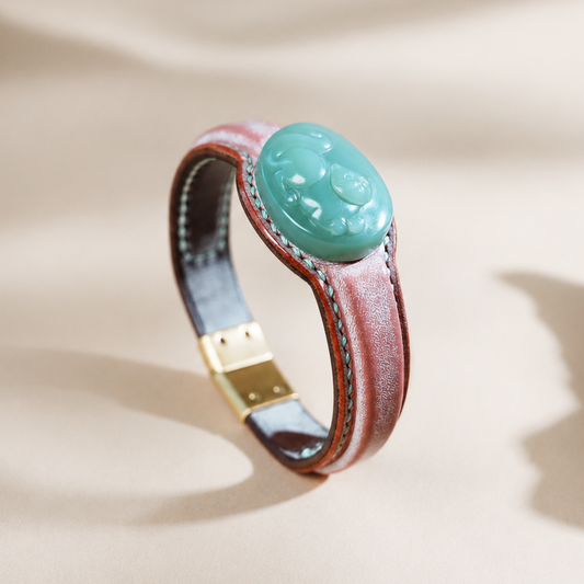 Lucky cat jade leather bracelet with celadon green jade centerpiece