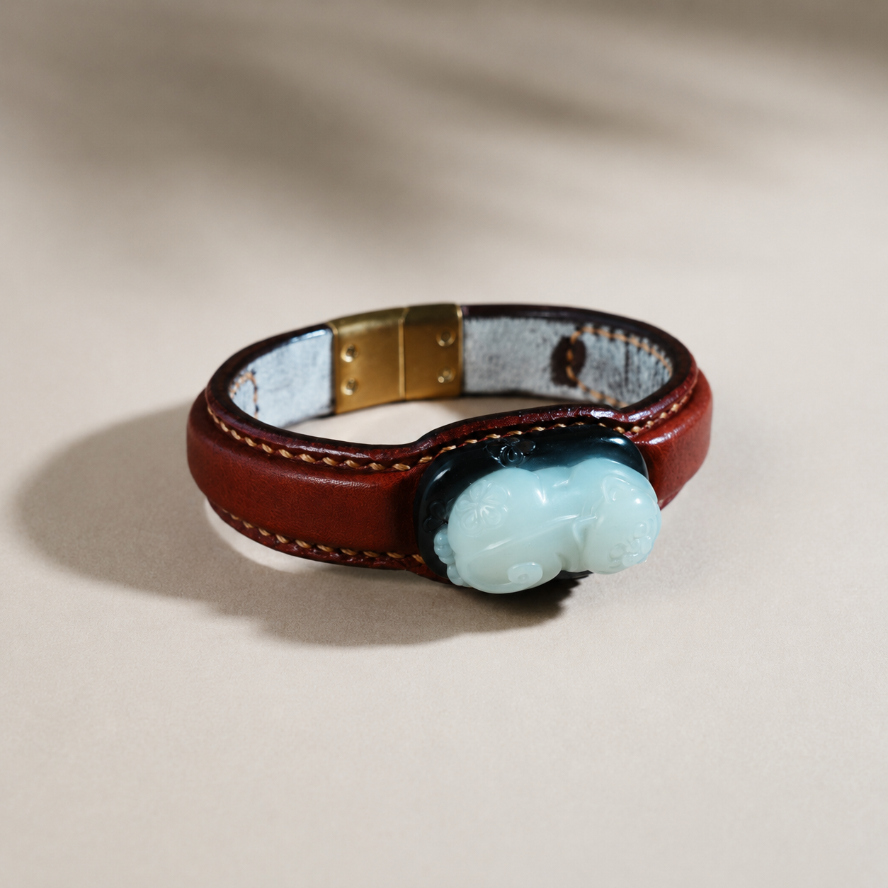 Red black and white Lucky Cat jade leather bracelet with carved jade centerpiece