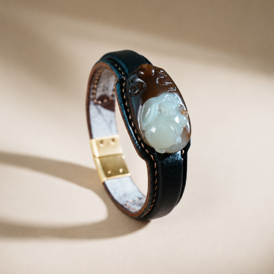 Rabbit sugar white jade leather bracelet with carved jade centerpiece