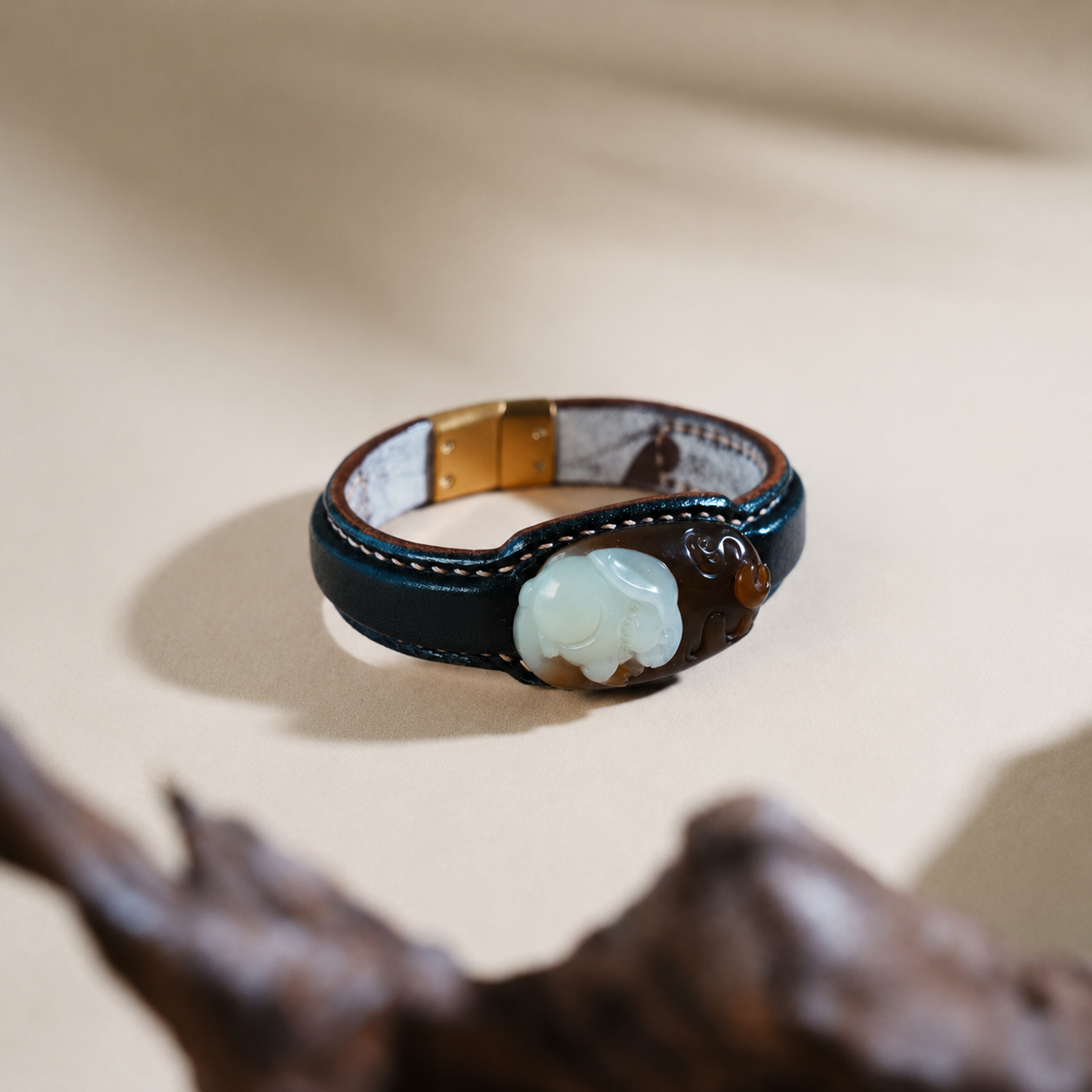 Black and white rabbit jade leather bracelet with carved jade motif