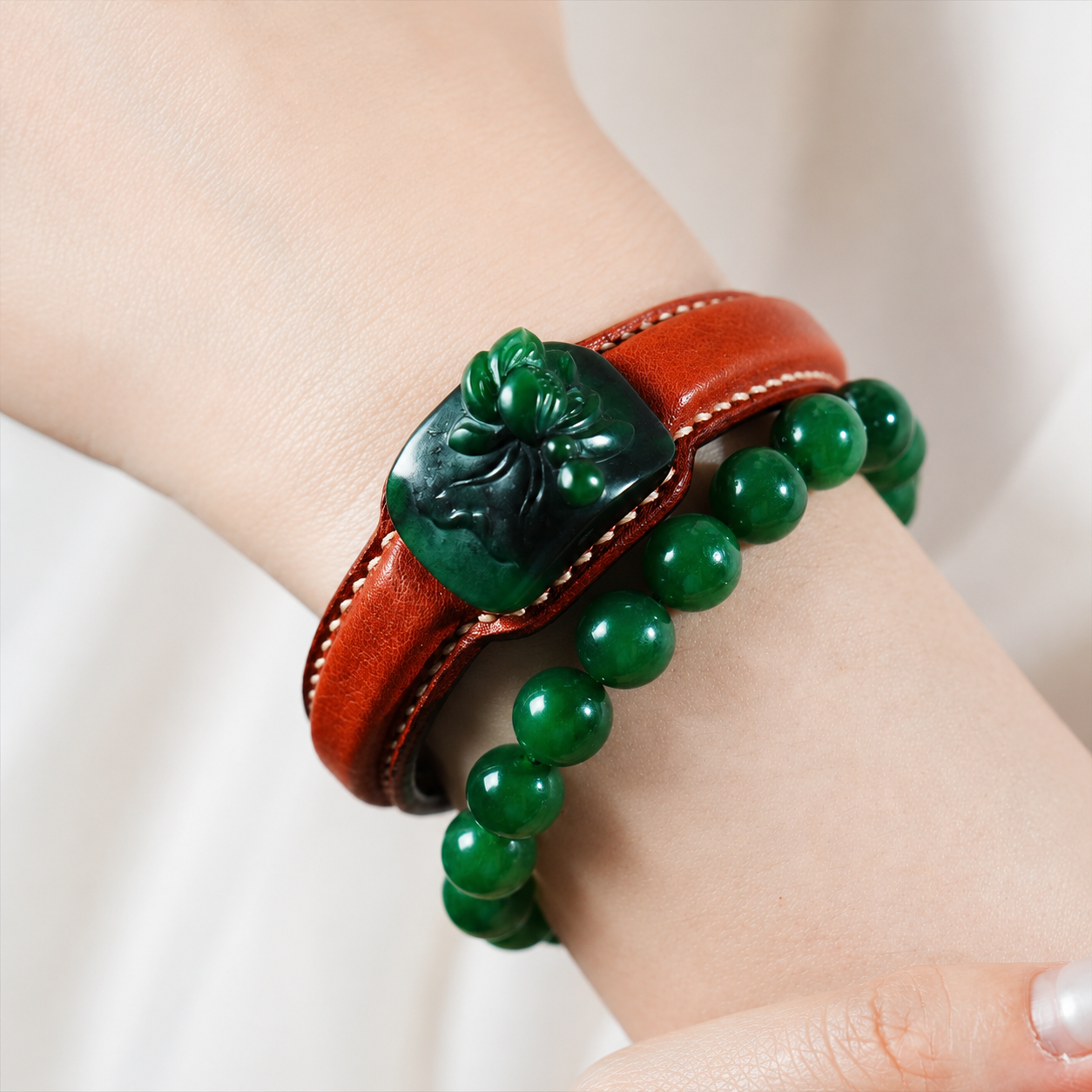 Red lotus jade leather bracelet with carved jade flower motif