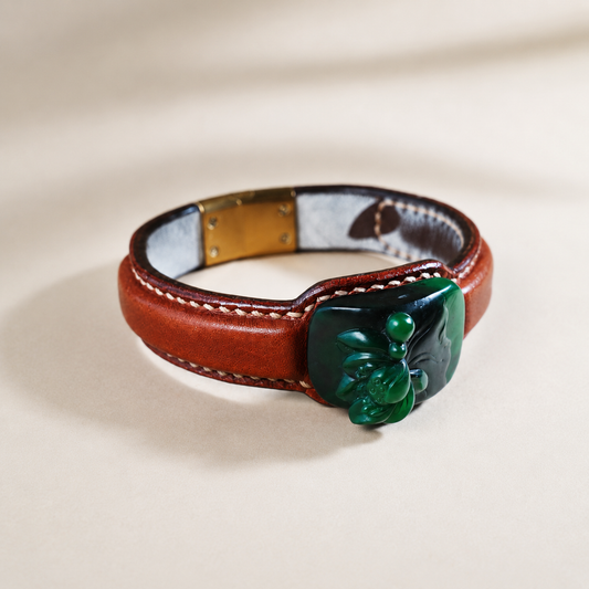 Red lotus jade leather bracelet with carved jade flower motif