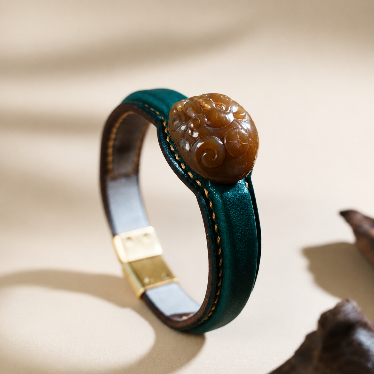 Tiger jade leather bracelet with russet brown jade centerpiece