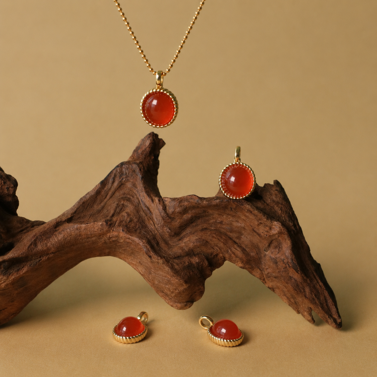 Twisted red agate pendant necklace in gold-tone setting