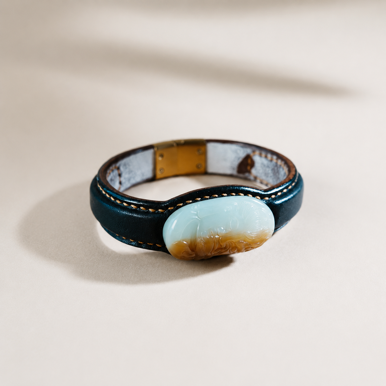Black and white Zen jade leather bracelet on leather band