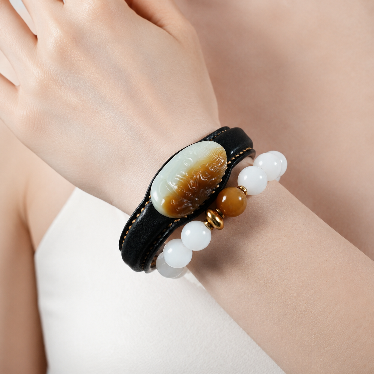Black and white Zen jade leather bracelet on leather band