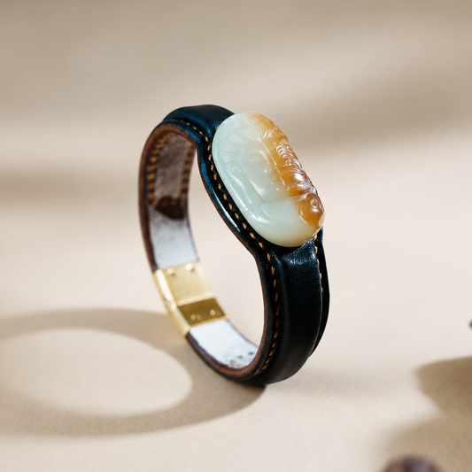 Sugar white jade leather bracelet with elongated carved jade centerpiece